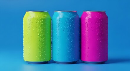 Three colorful soda cans with condensation on a blue background drink beverage
