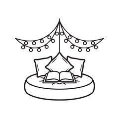 Fototapeta premium Cozy reading nook line art vector illustration. Hand drawn doodle of soft pillows, open book, and hanging string lights. 