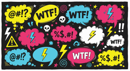 Colorful speech bubbles with exclamations and symbols of frustration.