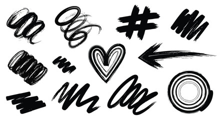 Obraz premium Abstract black ink brush strokes and scribbles collection.