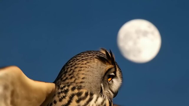 Owl Flying Under Full Moon Night.
