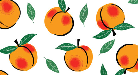 Obraz premium Vibrant hand drawn peaches with green leaves on a white background.