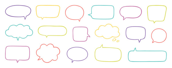 Fototapeta premium Set of colorful hand-drawn speech bubbles and thought balloons with various shapes and outlines, perfect for communication and dialogue designs.