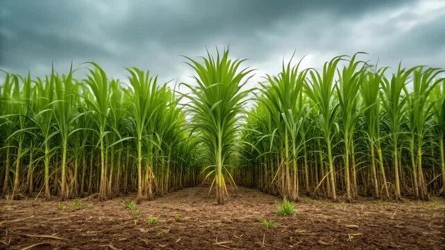 Lush green sugarcane field row with central young stalk and dramatic cloudy stormy sky evoking moody rural agricultural crop scene in rich soil