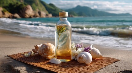 Obraz premium Decorative Glass Bottle with Flowers on Sandy Beach Shore with Shells and Waves in Background