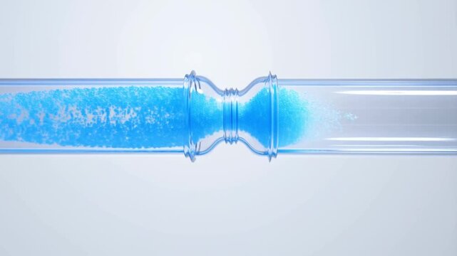 Smooth flow of blue particles clearing a bottleneck in a transparent pipeline and accelerating in a minimalist environment concept of process optimization and efficiency