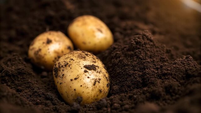 Fresh organic potato with soil clinging to skin among dirt mounds earthy harvest scene with warm light and close up texture newly harvested potato
