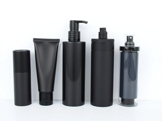 Collection of sleek black cosmetic bottles and tubes for skincare products