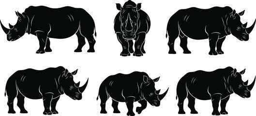 Black rhinoceros silhouette collection, wild african animal vector set, rhino safari icons isolated on white background, wildlife conservation and zoo design, © Farzana