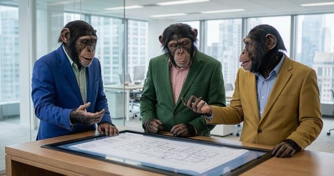 Three primates examining plans in a modern office environment