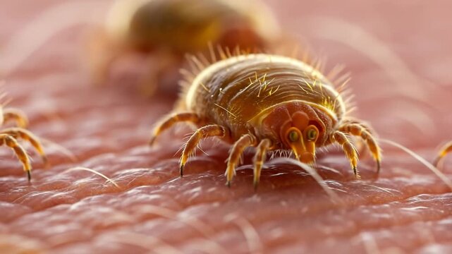 Dust mite close up skin with fine hairs magnification microscopic macro parasite hair skin texture warm tones conveying discomfort crawling feeding