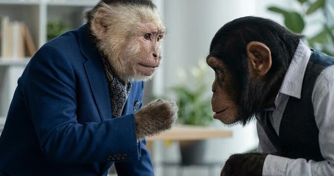 Two primates in formal attire engage in discussion