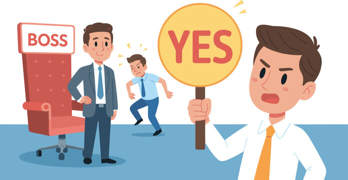PrintSycophant Businessman Holding Yes Sign for New Boss in Office - Workplace Loyalty and Corporate Sycophancy Concept Vector Illustration