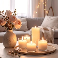Warm, cozy room lit by candles on a table, pink flowers, and soft focus background showing a sofa