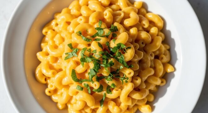 A white bowl filled with creamy, orange macaroni and cheese, garnished with parsley