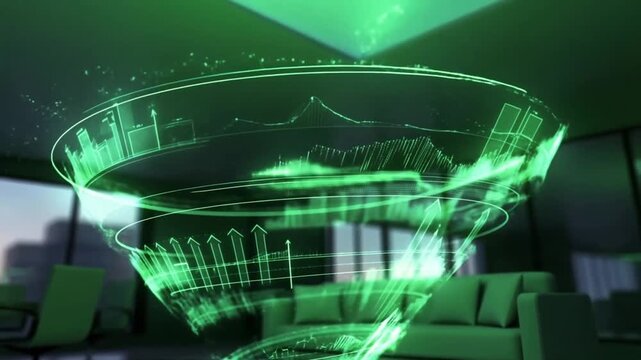 Powerful upward vortex of green graphs and rising arrows erupting in a dark luxurious corporate space concept of explosive business growth and success metrics