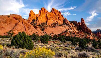 Fototapeta premium Majestic Red Rock Formations Bathed in Golden Sunlight at Garden of the Gods.