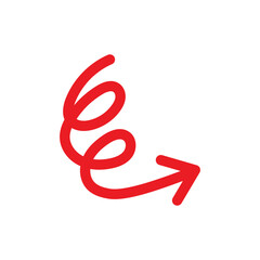 Red Hand-Drawn Spiral Arrow Icon - Curvy Swirl Directional Pointer for Creative Emphasis, Playful Marketing Highlights, and Fun Vector Navigation Elements