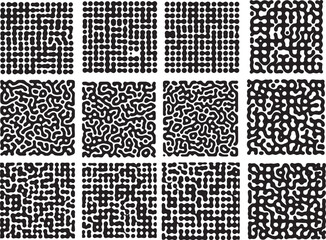 Abstract black and white maze silhouettes set, geometric organic pattern collection