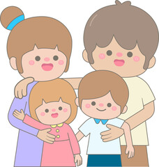 Happy Family Portrait with Parents Son and Daughter in Cute Vibrant Pastel Style