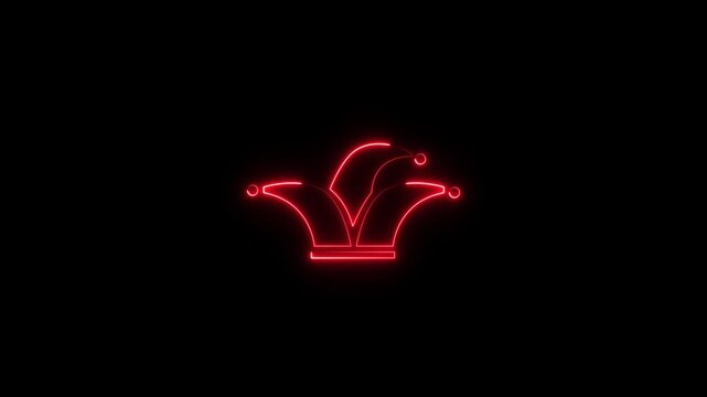 Glowing neon Glowing Neon Jester joker Hat Icon Animation,Neon Clown Hat with Bells, Glowing neon line Joker playing card icon isolated on black background. Jester hat with bells joker Hat Icon