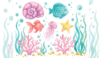 Watercolor underwater vector illustration set featuring colorful fish, pink coral, jellyfish, starfish, seashell, bubbles, and green seaweed on white background. © VactorZone