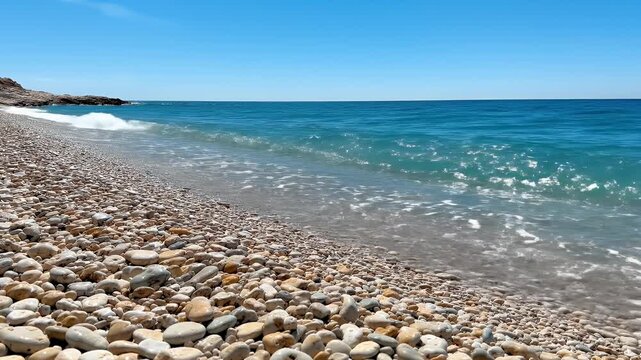 A bright, cloudless sky over a pebble beach meeting the ocean with soft waves