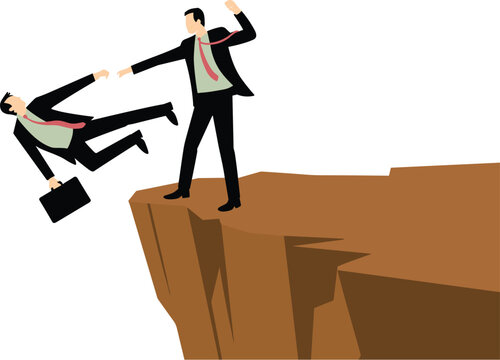 Businessman Falling Off a Cliff as a Colleague Fails to Catch Him, Concept of Workplace Betrayal, Professional Failure, Lack of Support, and Business Risk Vector Illustration