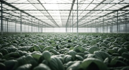 Interior of a commercial greenhouse filled with rows of vibrant green leafy plants