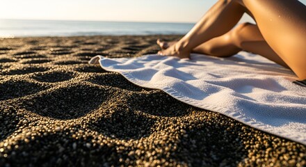 Golden hour sunlight illuminates smooth pebbles and a white towel on a serene beach, with a