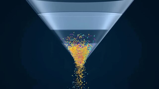 Multicolored lead particles filtering through a sales funnel stages and converting into golden customers at the bottom concept of sales funnel and lead conversion