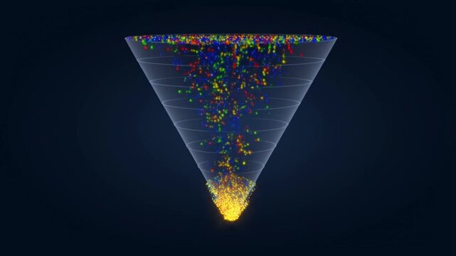 Multicolored lead particles filtering through a sales funnel stages and converting into golden customers at the bottom concept of sales funnel and lead conversion