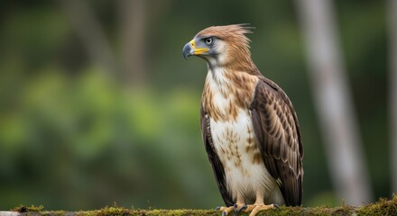 Majestic raptor perched on mossy wood with focused gaze, blurred forest backdrop