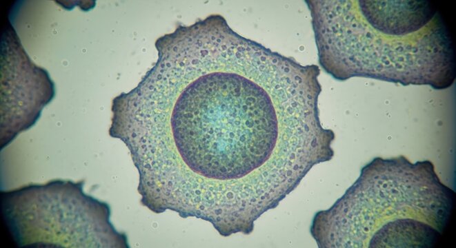 Microscopic view of multiple cells showing nucleus, cytoplasm, and cell membrane
