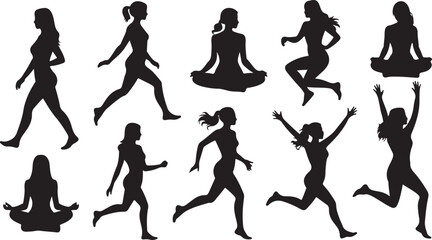 Fototapeta premium Set of ten black silhouettes of women in various yoga and fitness poses isolated on transparent background.