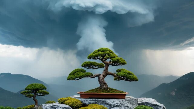 Breathtaking cinematic shot of a meticulously pruned bonsai tree sitting on a rugged rock edge, set against a backdrop of a dramatic, swirling storm cloud forming a massive vortex in the sky