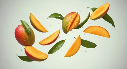 Obraz premium Ripe mangoes, slices, and leaves float against a light green background, some with water droplets
