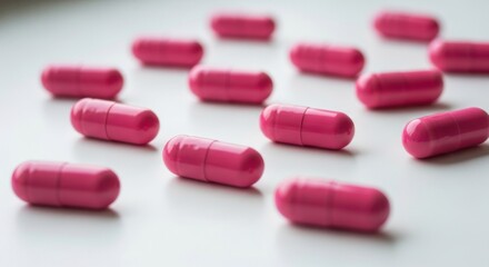 Scattered pink medication capsules on a white surface, soft focus, clinical feel