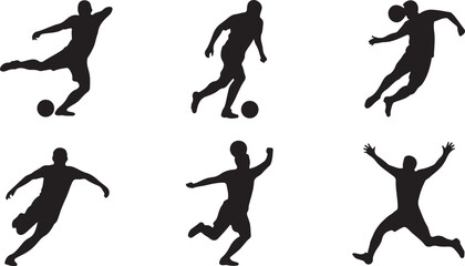 Six black silhouettes of soccer players in various poses isolated on transparent background