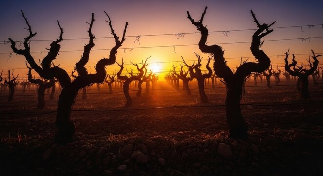 Silhouetted gnarled grape vines against a fiery sunrise. Rays of light pierce