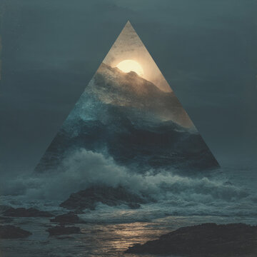 A conceptual abstract landscape featuring sea, rocks, and waves, inscribed within the geometric shape of a triangle.  