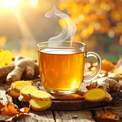 Warm ginger tea in glass mug, steams on wooden board, with fresh ginger and leaves in the sunlight