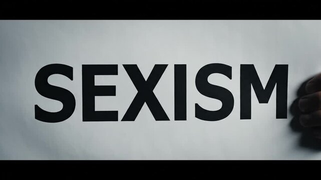 Cinematic slow motion video of a hand holding a white paper poster with the word SEXISM written boldly in black letters face and body not visible dark background creating strong contrast minimal drama