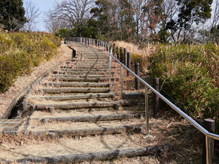 冬の昼の名古屋市の東山植物園の観光道路の階段の様子