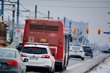 Naklejka premium Toronto public transport TTC 34 Eglinton East Bus on Eglinton Avenue. Toronto, Ontario, Canada, February 6, 2026: Toronto public transport TTC 34 Eglinton East Bus makes its way along Eglinton Avenue 