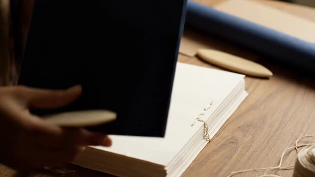 Person holding a black notebook on a wooden table with craft supplies.