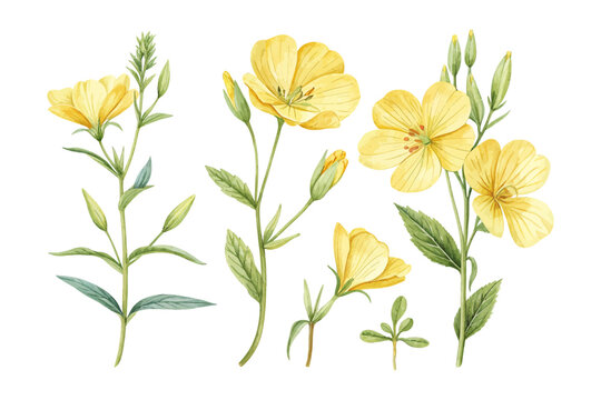 Watercolor Evening Primrose Flower Clipart, Yellow Botanical Illustration, isolated on white background
