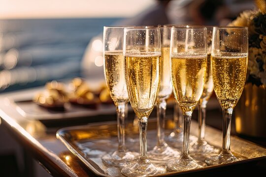 Champagne flutes filled with golden bubbly sparkling wine ready for a celebratory toast on a tray with blurred appetizers