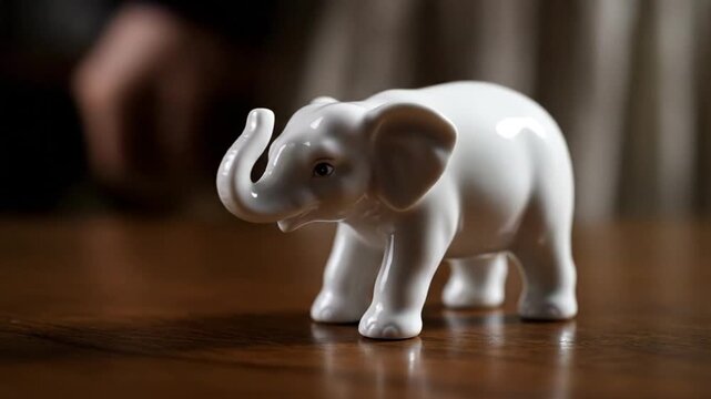 A small white elephant figurine on table.