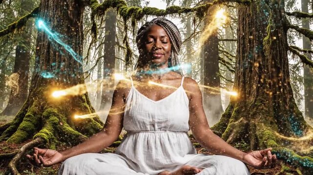 Woman Meditating in Forest with Energy Lines - Spiritual Harmony and Nature Connection.